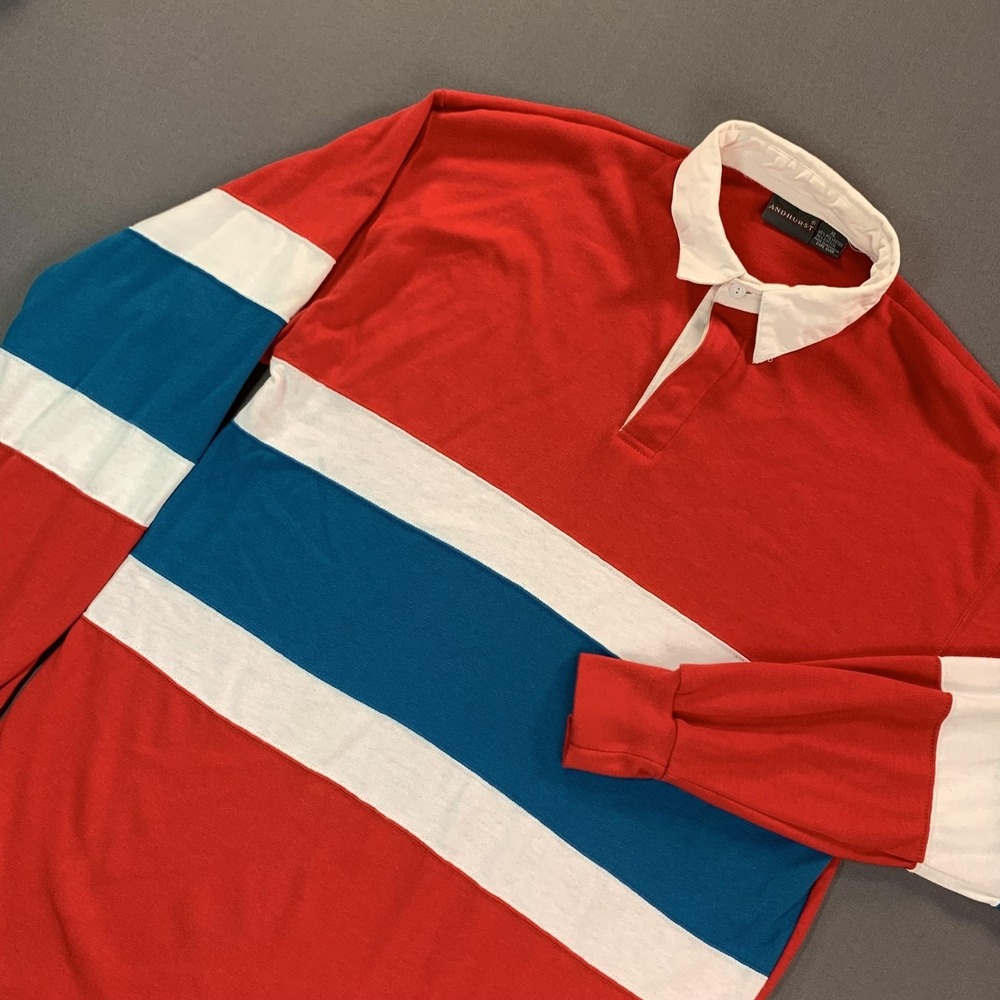 Andhurst Polo Shirt‎ Mens XL Red Blue White Stripe Rugby Long Sleeve Casual Y2K